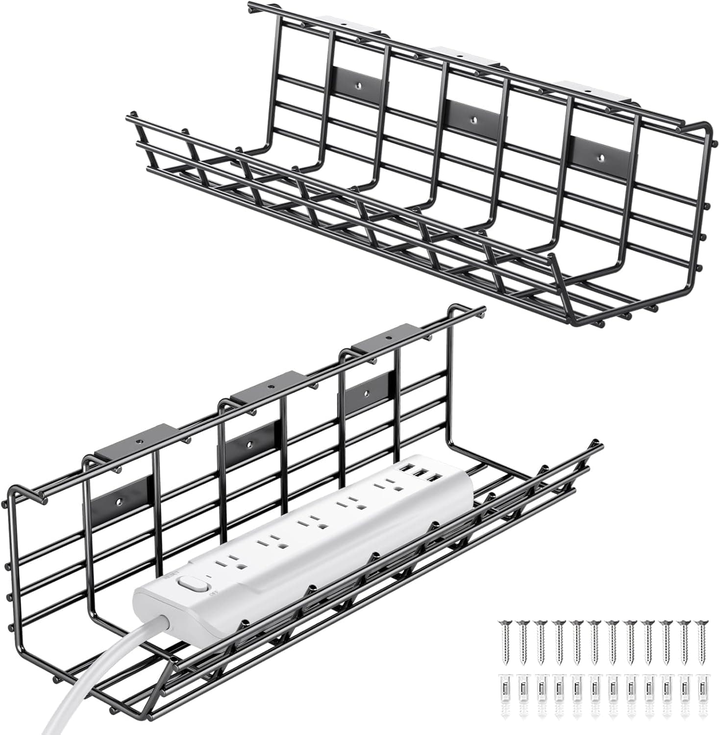 2 Pack DELAMU Under Desk Cable Management Tray, Large Metal Cord Organizer, Office & Home Cord Wire Management Under Desk Shelf, Easy Install Pre-drilled Cable Organizer, Black